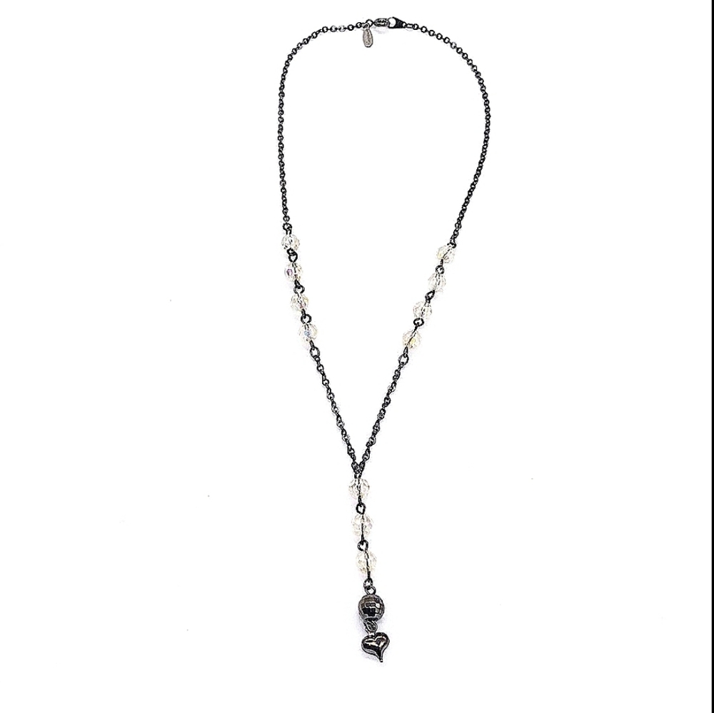 Vintage NAPIER Delicate Y Beaded Heart Necklace-Gloss Black-1980-Rare-Black